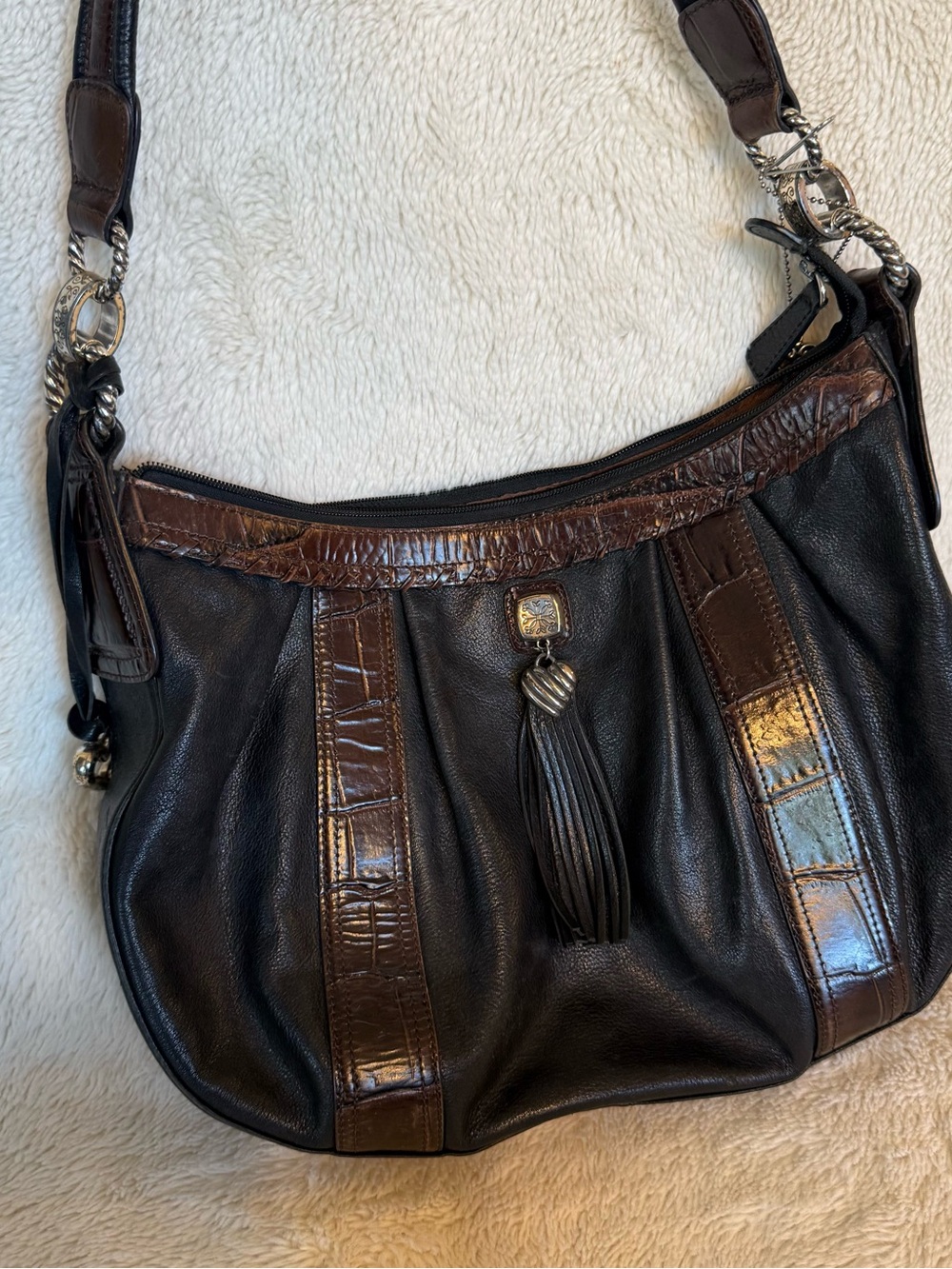 Brighton Black Brown Leather Shoulder Hobo Handbag Purse Croc Silver Hardware
